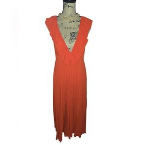 Zara Orange Pleated V-Neck Ruffle Maxi Dress